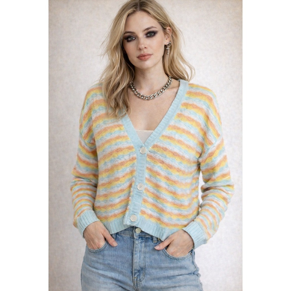 Joseph A. Cardigan Sweater Womens XS Pastel Stripe Oversized Cropped Boxy Retro